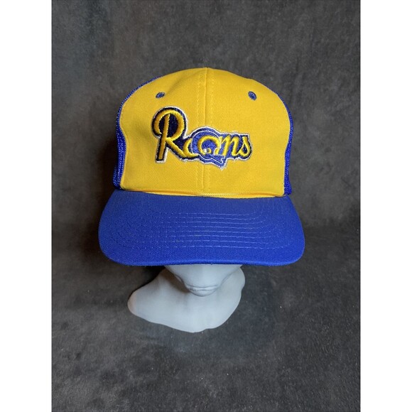 Vintage 80s NFL Los Angeles St Louis Rams Snap Back Trucker Hat Cap Blue/Yellow - Picture 1 of 7